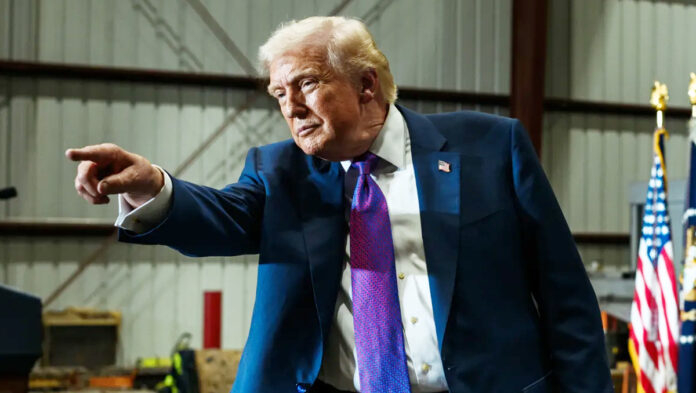 Donald Trump speaking about U.S. tariffs as solar panels symbolize proposed 126% duties on Indian imports.
