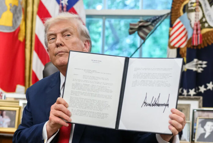 Donald Trump announcing new global tariff policy during press briefing