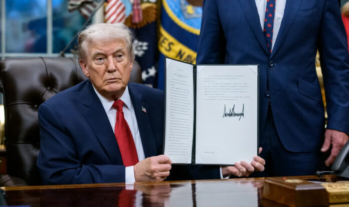 Donald Trump announcing tariff policy during press briefing