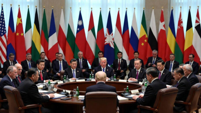 International leaders meeting at global peace conference table