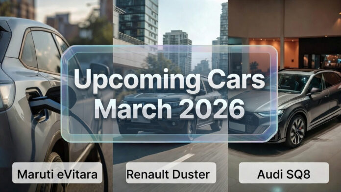 Upcoming cars launching in India March 2026 including Maruti eVitara, Renault Duster and Audi SQ8.