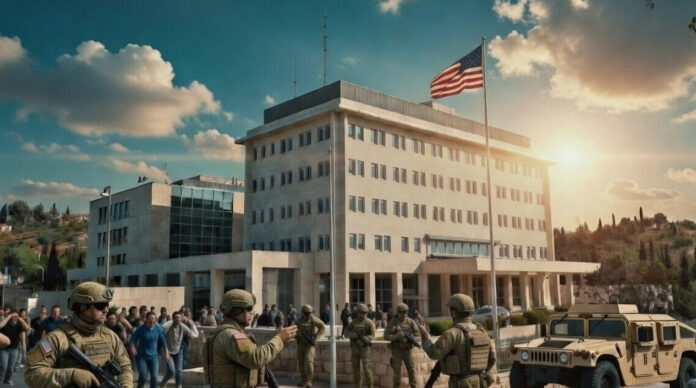 Exterior view of the U.S. Embassy in Jerusalem with security presence, symbolizing heightened alert status.