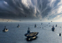 US–Iran Tensions Surge: Carriers Deployed, Strait of Hormuz Drills Raise Fears of Wider Conflict US aircraft carrier and Iranian naval drill illustrating rising tensions