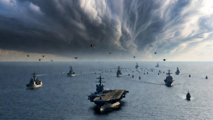 US aircraft carrier and Iranian naval drill illustrating rising tensions