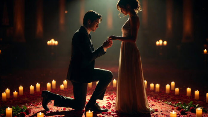 Romantic Valentine’s Day proposal with partner kneeling and holding ring