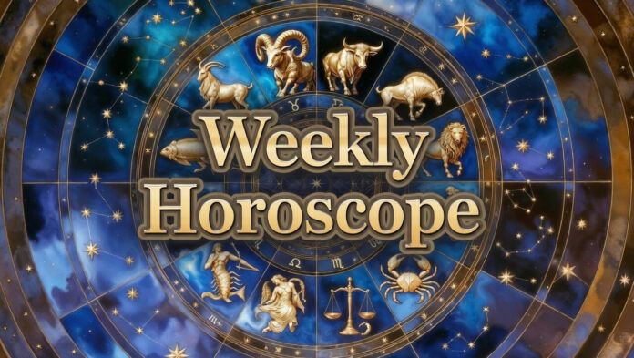 Weekly horoscope zodiac wheel illustration for February 16–22, 2026