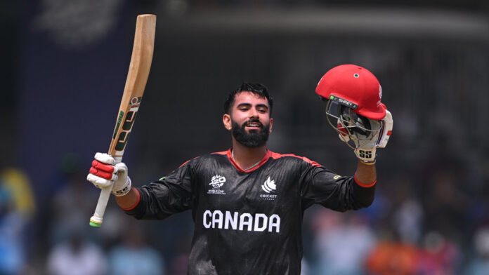 Yuvraj Samra celebrating after scoring century against New Zealand