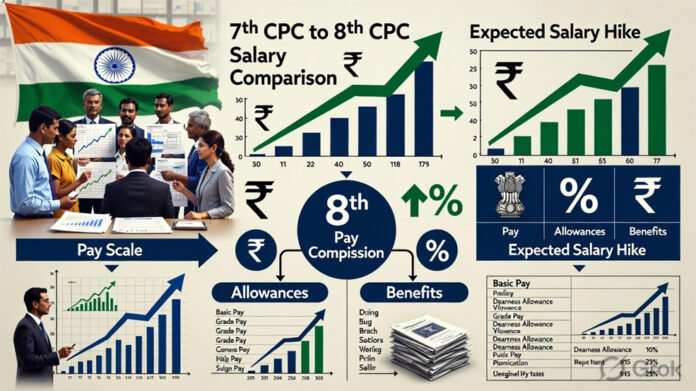 Central government employees discussing salary hike expectations after 8th Pay Commission update in India.