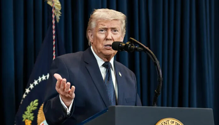 Donald Trump speaking about securing the Strait of Hormuz and urging allies to deploy warships
