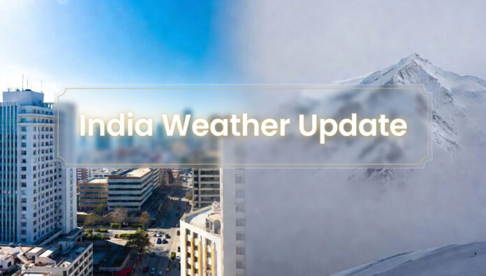 Mixed weather in North India showing sunny plains and snow-covered mountains