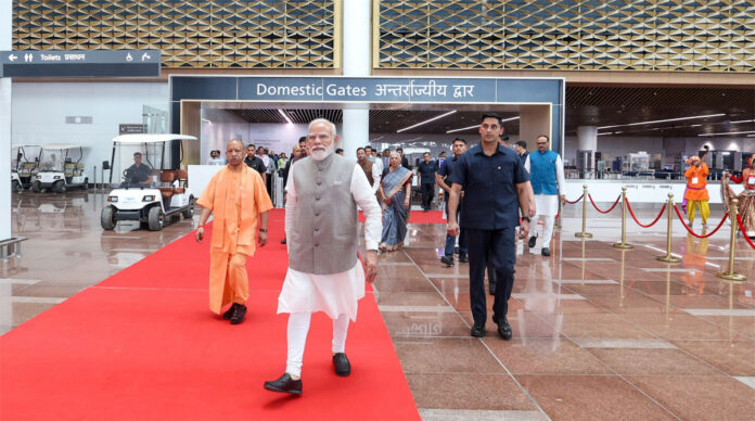 PM Modi walkthrough of Terminal Building of Noida International Airport, Jewar, in Uttar Pradesh with yogi adityanath