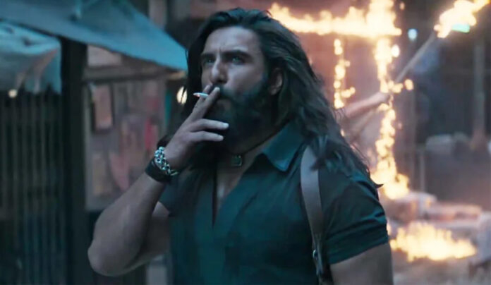 Ranveer Singh as an Indian spy in Dhurandhar The Revenge performing an intense action sequence in a 2026 Bollywood thriller