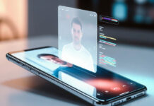 Apple and Samsung Announce ‘Real-Time Language Hologram’ for Video Calls, Set to Transform Mobile Communication Smartphone projecting holographic 3D video call of a person with AI translation interface