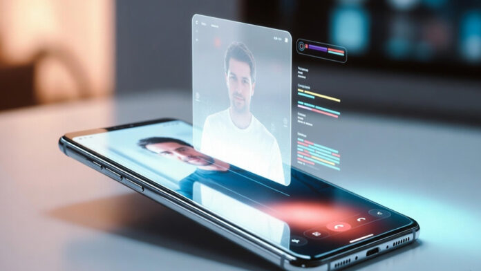 Smartphone projecting holographic 3D video call of a person with AI translation interface