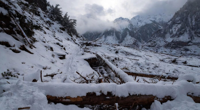 Bhairav Valley avalanche snow blocked trekking route broken trees Uttarakhand