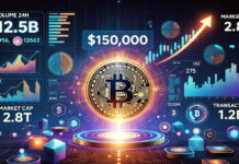 Bitcoin Surges to $150,000 Record High as Global Tensions and Institutional Demand Drive Crypto Rally Bitcoin digital coin with rising price chart showing cryptocurrency hitting record $150,000