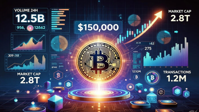 Bitcoin digital coin with rising price chart showing cryptocurrency hitting record $150,000