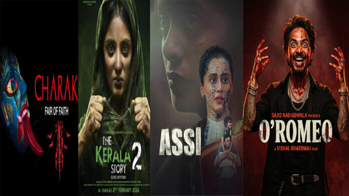 Bollywood box office collection chart March 2026 showing The Kerala Story 2, O Romeo, Assi, and Charak posters in Mumbai theater