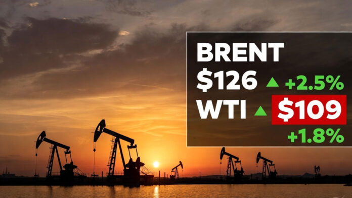 Brent crude rises to $126 and WTI hits $109 amid oil market volatility