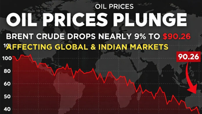 Global oil price chart showing Brent crude falling sharply to $90 per barrel in international markets.