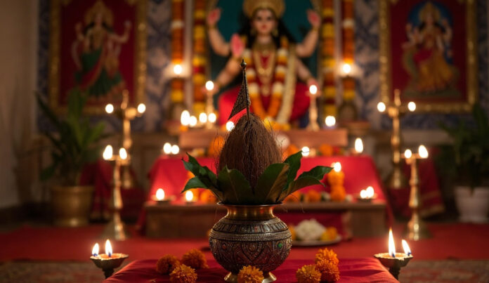 Chaitra Navratri 2026 Ghatasthapana ritual with Kalash and Durga idol during the Hindu New Year Vikram Samvat 2083.