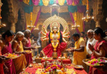 Chaitra Navratri 2026: Avoid Buying These Items During the 9 Sacred Days, According to Hindu Traditions Devotees performing Chaitra Navratri worship of Goddess Durga with traditional decorations and lamps