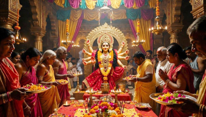 Devotees performing Chaitra Navratri worship of Goddess Durga with traditional decorations and lamps