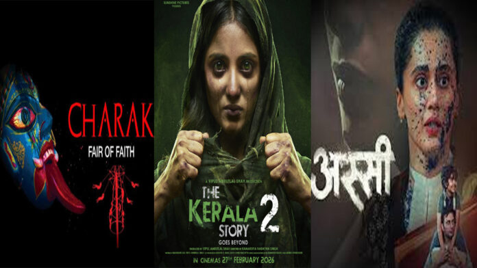 Charak movie box office collection chart with low opening day figures of ₹10 lakh, alongside The Kerala Story 2 and Assi posters, March 2026 Bollywood update