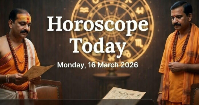 Astrologer reading zodiac horoscope chart for March 16, 2026 with symbols of Aries to Pisces