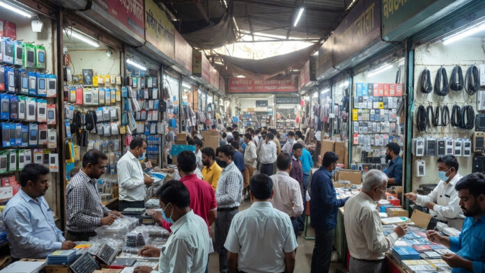 Delhi electronics market with traders and customers as supply disruptions raise prices during West Asia conflict