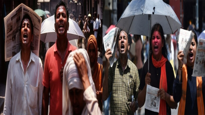 Hot sunny day in Delhi with people walking under strong sunlight during record March heat