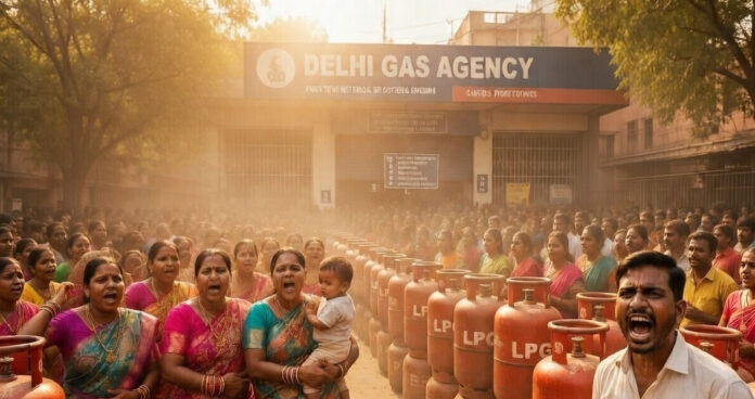 People waiting in long queues outside LPG gas agency in Delhi during cooking gas shortage