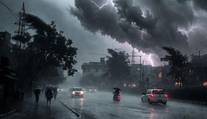 Heavy rain and dark clouds over Delhi NCR with lightning and strong winds