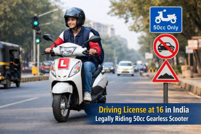 Teenager riding a small 50cc gearless scooter with a learner driving license in India