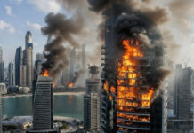 Missile Debris Hits Dubai Marina Tower After Interception as UAE Says Over 100 Iranian Drones and Missiles Shot Down Dubai Marina skyline with 23 Marina Tower after missile interception debris incident