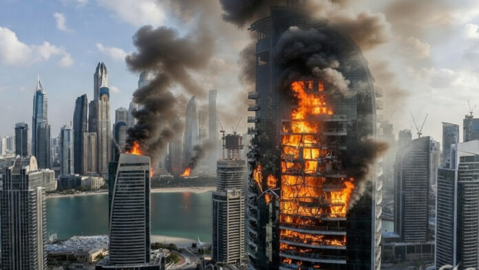 Dubai Marina skyline with 23 Marina Tower after missile interception debris incident