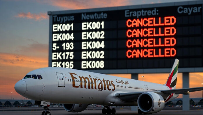Emirates aircraft at Dubai airport as Israel-Iran conflict disrupts regional flights