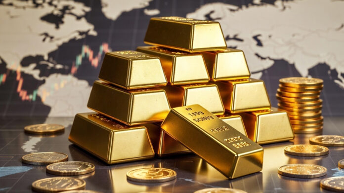 Gold bars and coins representing rising global gold prices amid international tensions