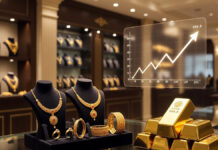 Gold Prices May Rise Ahead of Akshaya Tritiya as Middle East Tensions Trigger Market Volatility Gold jewellery display and bullion bars with rising price charts ahead of Akshaya Tritiya in India