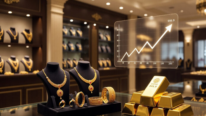 Gold jewellery display and bullion bars with rising price charts ahead of Akshaya Tritiya in India