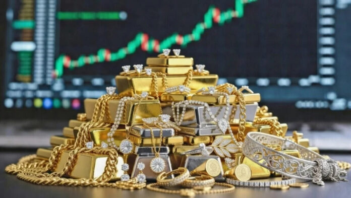 Gold and silver price surge with bullion bars and coins representing rising precious metal rates in global markets.