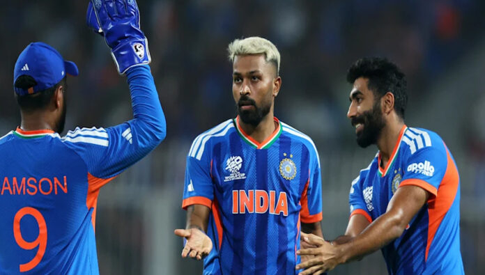 Hardik Pandya batting during a T20 World Cup match as he approaches a major T20I record against England.