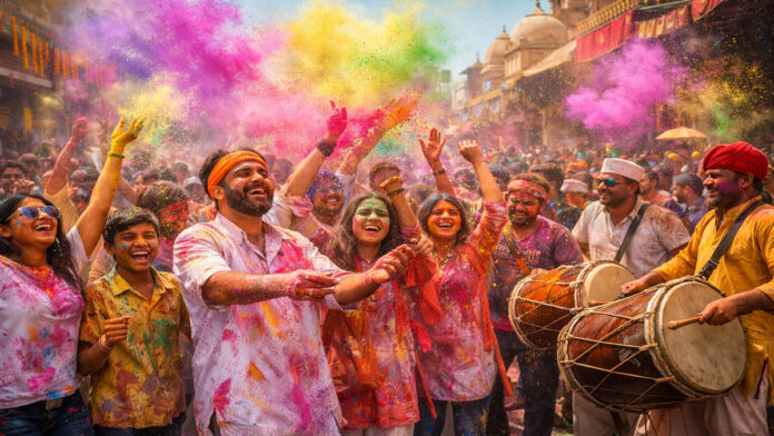 People celebrating Holi festival in India throwing colorful gulal powder during Holi 2026 celebrations.