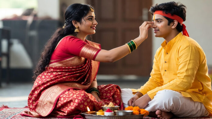 Holi Bhai Dooj ritual with sister applying tilak on brother during Hindu festival