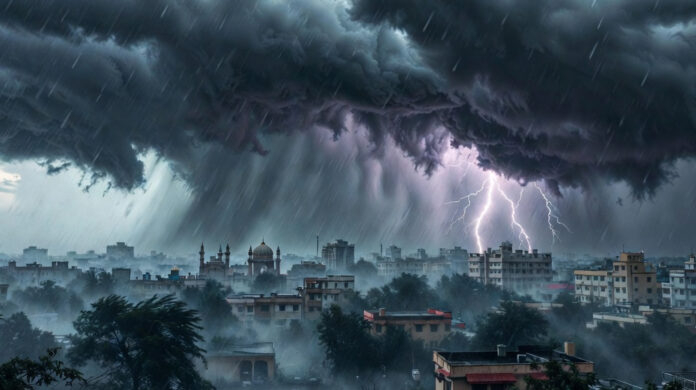 Dark rain clouds and lightning during a thunderstorm over North India as IMD issues weather alert