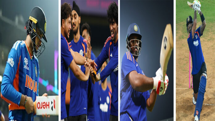 Indian cricket team players discussing strategy before the T20 World Cup 2026 semi-final against England.