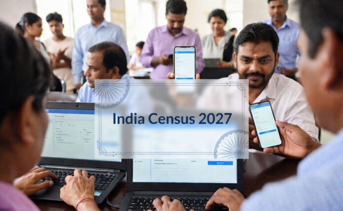 Indian citizens filling online census form on digital portal for Census 2027