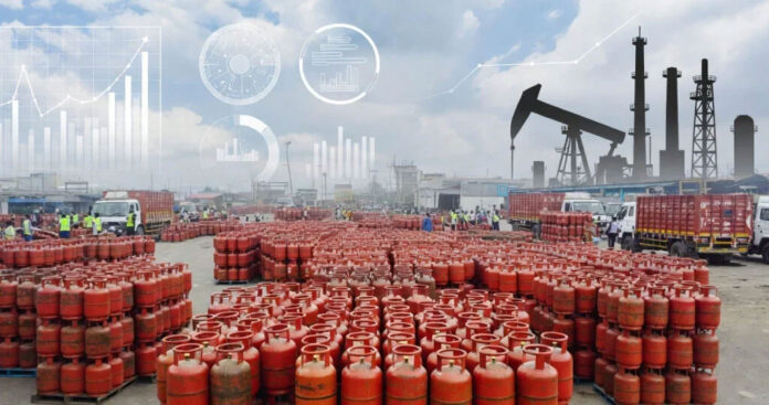 LPG gas cylinders stacked outside a distribution agency in India amid supply shortage