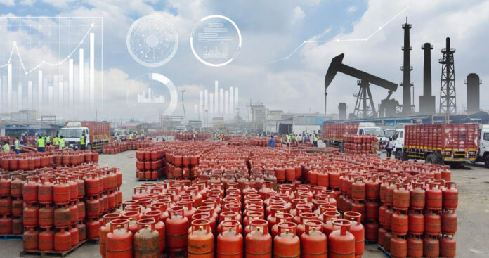 LPG gas cylinders stacked at an Indian distribution center as the government revises natural gas allocation to secure domestic LPG supply.