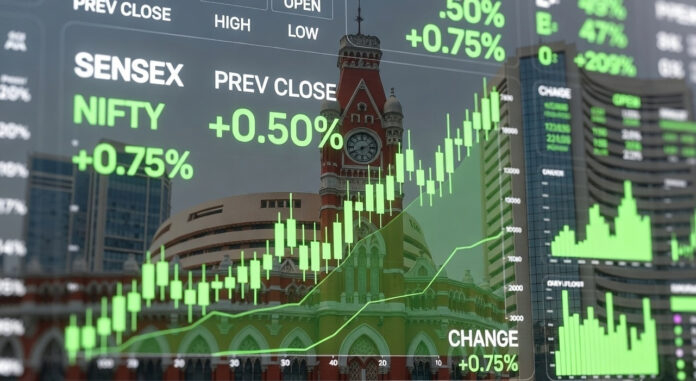 Indian stock market opening Sensex Nifty surge green trading screen chart